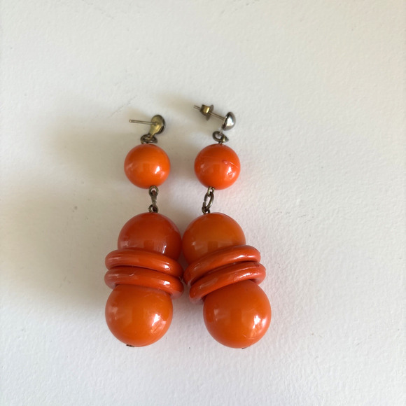 Vintage Earrings 3" Dangle Drop Pierced Orange Acrylic Mod Happy Go go - Picture 2 of 11